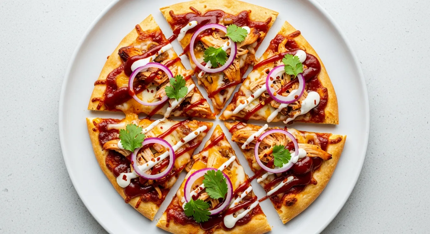 Delicious homemade BBQ Chicken Flatbread, topped with melted cheese, red onions, and fresh cilantro, hot out of the oven.
