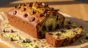 A perfectly baked loaf of moist Zucchini Bread, sliced to reveal its tender, green-flecked interior, on a rustic cutting board.