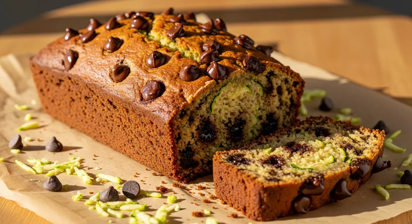 A perfectly baked loaf of moist Zucchini Bread, sliced to reveal its tender, green-flecked interior, on a rustic cutting board.